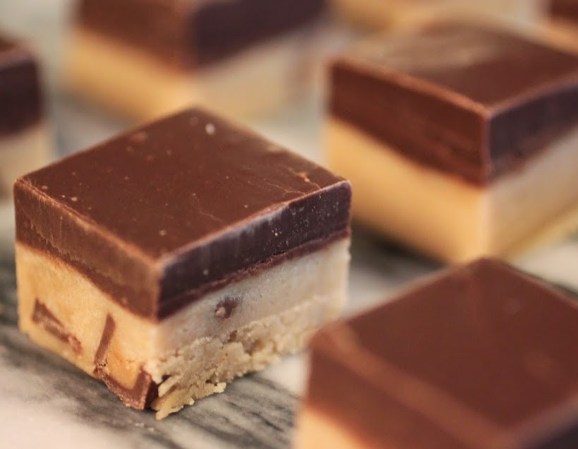 Fudge-Covered PB Cup Cookie Dough Squares